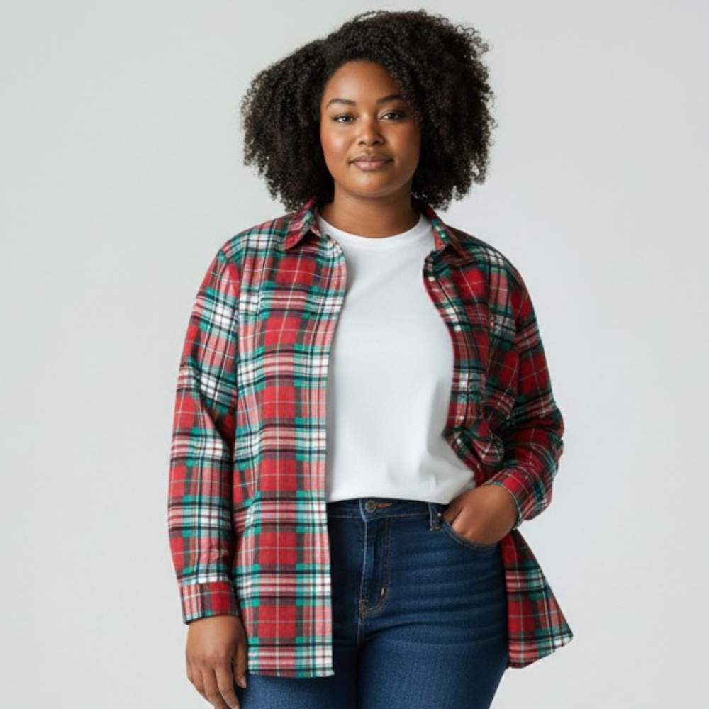Lands End Women Plus 26W Red Green Plaid Flannel Button Up Long Sleeve